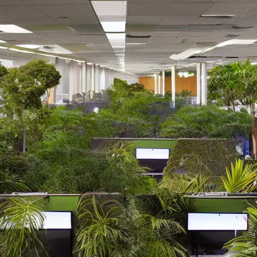 Prompt: a jungle filled with cubicle office workers, twilight,