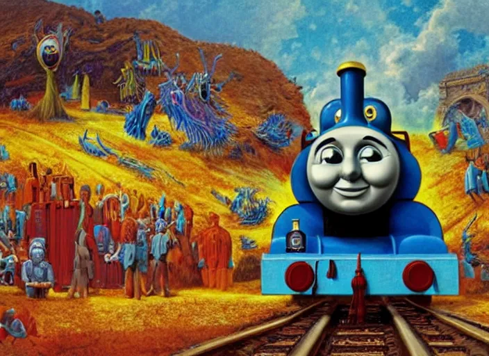 Image similar to psychedelic art of thomas the tank engine meeting god, in the style of michael whelan and james gurney and wayne barlowe