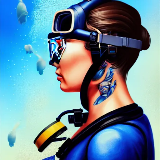 Image similar to a profile photo of a agent with diving helmet with tattoos on arm and neck, side profile in underwater, highly detailed, digital painting, artstation, sharp focus, illustration by Sandra Chevrier