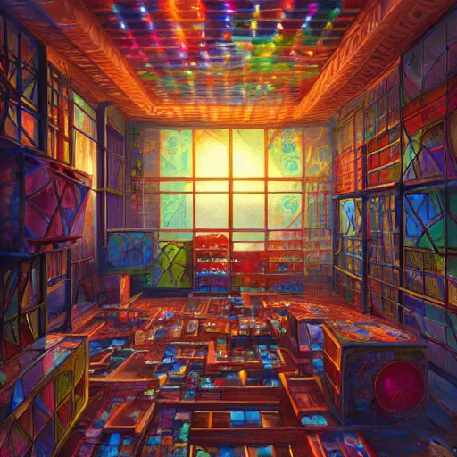 Prompt: a beautiful painting of an abandoned rubik's cube factory, inspired by cyril rolando, ornate, intricate, emitting light ornaments, volumetric lighting, cgsociety, terracotta red, very detailed, trending on artstation, 8 k