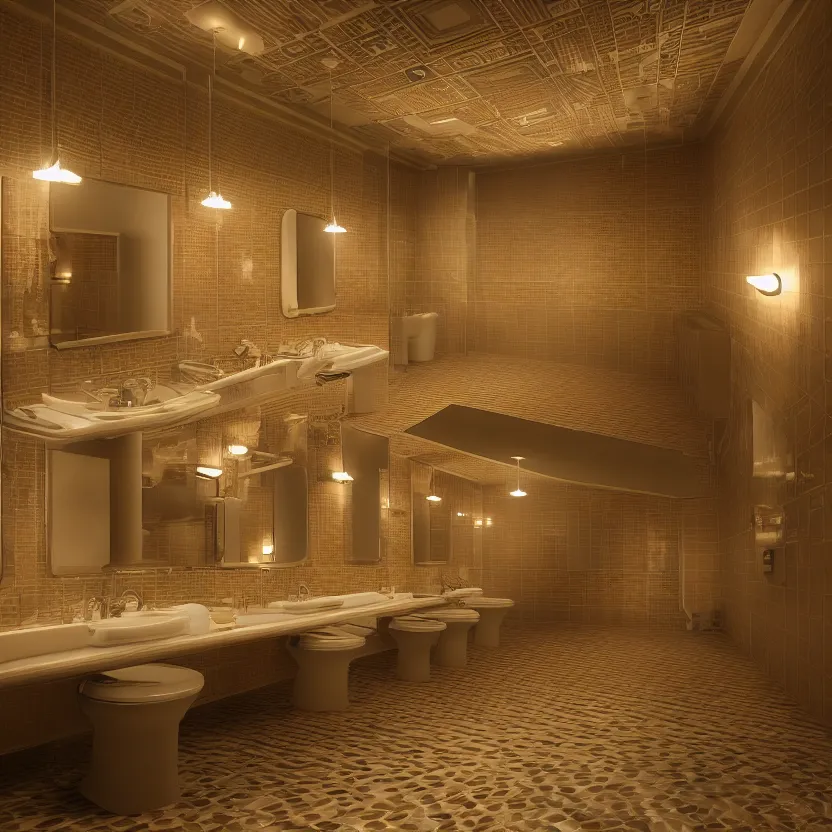 Image similar to an infinite restroom with many stalls and sinks, cinematic lighting, volumetric lighting, award winning photography, highly detailed, intricate, sharp focus, 4 k wallpaper, unreal engine, 9 0 mm, f / 1. 4