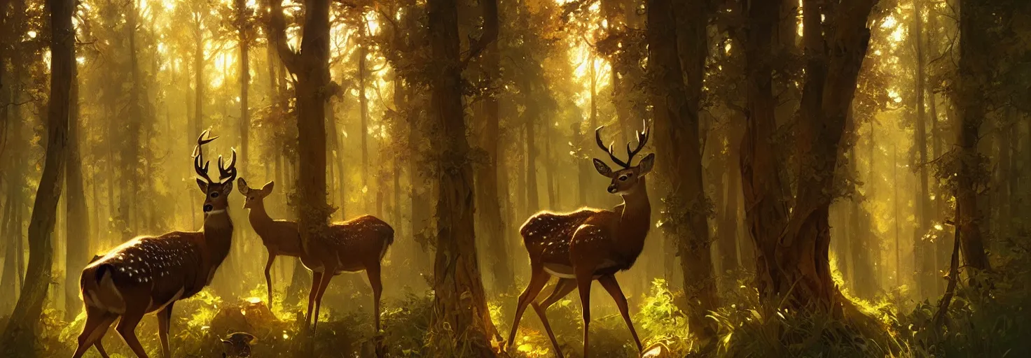 Image similar to Deer in Sherwood Forest, full frame, highly detailed, digital painting, artstation, concept art, smooth, sharp focus, illustration, art greg rutkowski and alphonse mucha