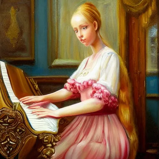 Prompt: highly detailed russian girl with long blond hair playing a pink piano with a cup of tea, masterpiece art