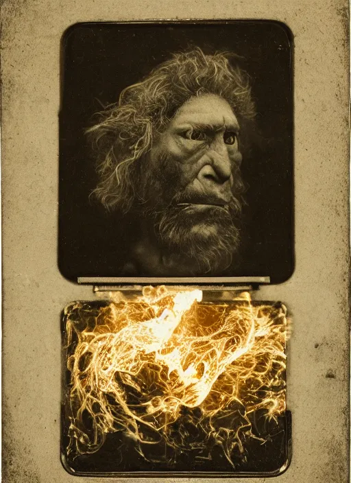 Prompt: old wetplate daguerreotype portrait of neanderthaler creating fire, explosion of data fragments, fractal, intricate, elegant, highly detailed, parallax, leica, medium format, subsurface scattering, by jheronimus bosch and greg rutkowski and louis jacques mande daguerre