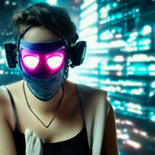 Prompt: a cyberpunk woman wearing a TV as a mask