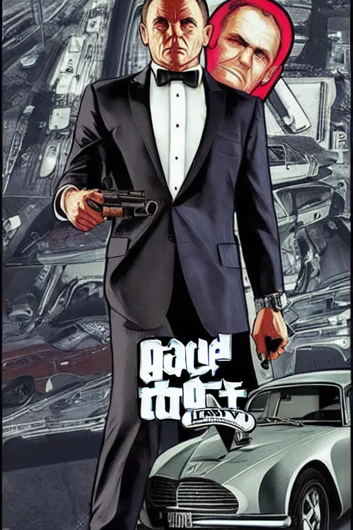 Image similar to GTA V cover art based on James Bond, starring 007 James Bond