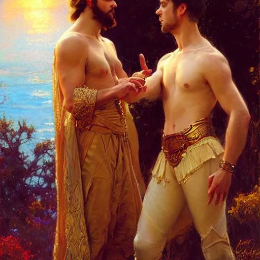 Image similar to attractive fully clothed king confesses his love for his attractive fully clothed male prince. highly detailed painting by gaston bussiere, craig mullins, j. c. leyendecker 8 k