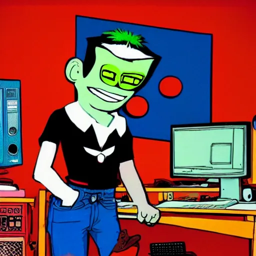 Prompt: a computer nerd in front of computer in cluttered bedroom, by jamie hewlett, small details, aesthetic,