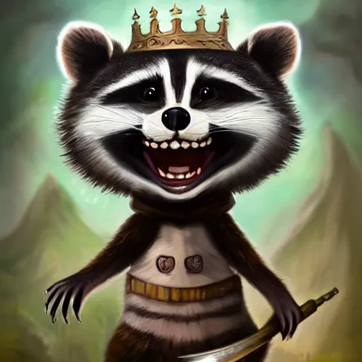 Prompt: a cute raccoon dressed as a knight, big smile, cute teeth, cute face, digital painting byRoss Tran and Mark Ryden, cute and lovely, high detail, nursery poster