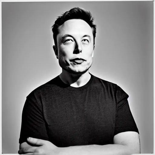 Image similar to photo of Elon Musk by Diane Arbus, black and white, high contrast, Rolleiflex, 55mm f/4 lens