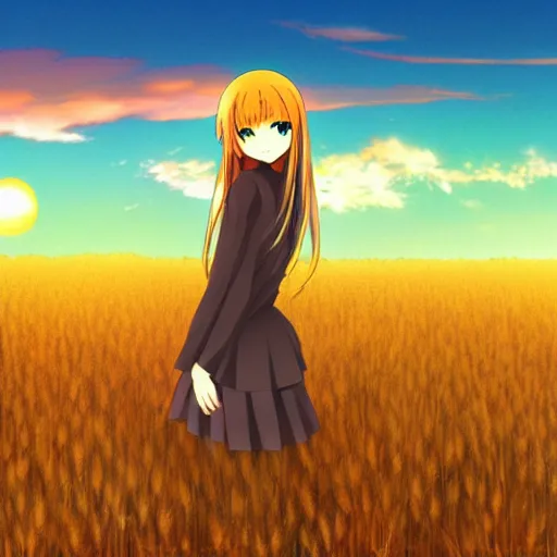 Image similar to anime illustration of Holo from Spice and Wolf standing in a wheat field at sunset, Holo is a wolf girl, high detail, trending on pixiv
