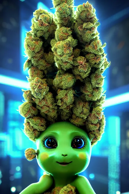 Image similar to high quality 3 d render very cute beautiful creature with a cannabis inflorescence instead of a head, like baby! cosmic marijuana bush, incorporated speakers!, cyberpunk highly detailed, unreal engine cinematic smooth, in the style of blade runner & detective pikachu, hannah yata charlie immer, moody light, low angle, uhd 8 k, sharp focus