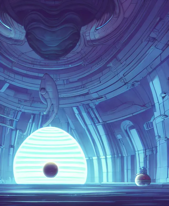 Image similar to simplicity, a small cathedral made out of alien creatures, biological, in the style of a round spaceship, surrounded by auras, by dan mumford, yusuke murata, makoto shinkai, ross tran, cinematic, unreal engine, cel shaded, featured on artstation, pixiv