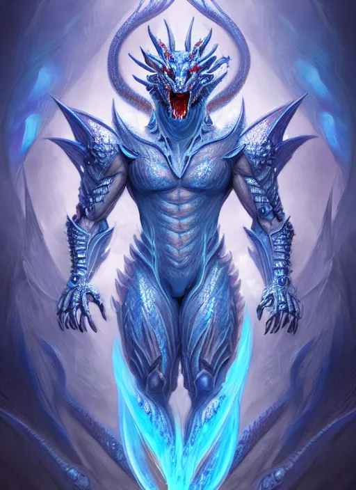 Image similar to muscular and tall blue ghostly fire humanoid dragon!!!! draconian!! intricate ornate iridescent heavy armor!! character concept art, sharp focus, octane render! unreal engine 5! highly rendered!! trending on artstation!! detailed linework!! illustration by artgerm, wlop, and chie yoshii