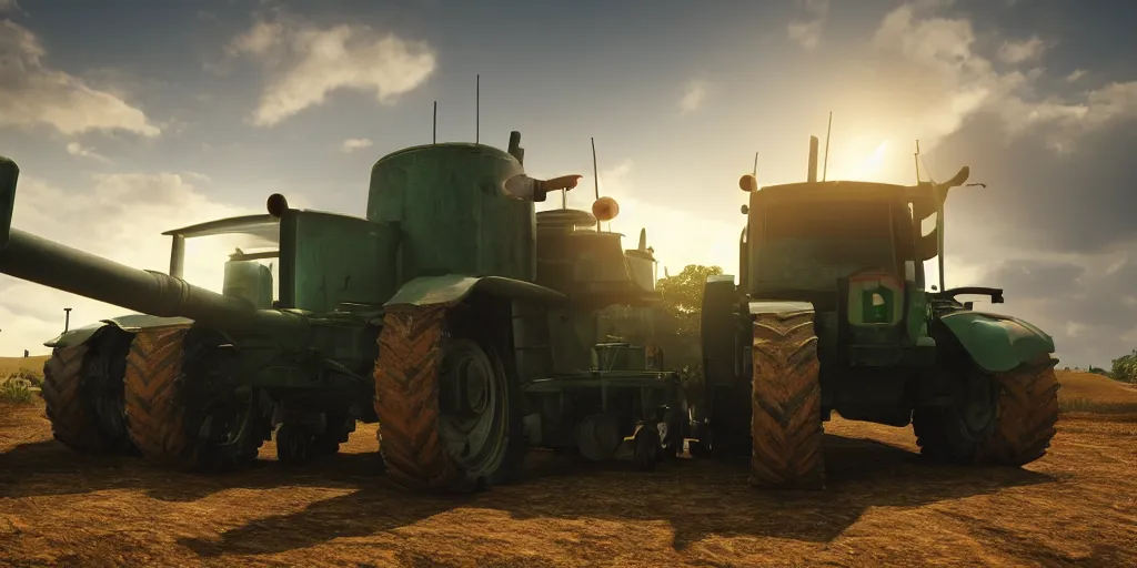 Image similar to tank and tractor standing close to each other, highly detailed, photorealistic portrait, bright studio setting, studio lighting, crisp quality and light reflections, unreal engine 5 quality render