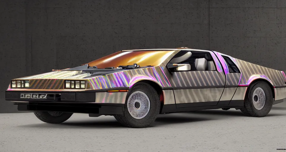 Image similar to Tricked out lowrider delorean, five spike mag wheels, holographic wrap, high detail, photorealism, full length view, very rust, concept art, octane render, 16k, 8k