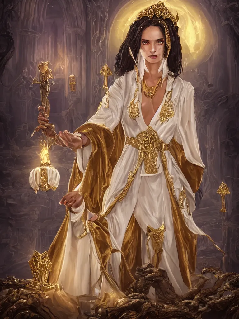 Prompt: Full portrait of a young Necromancer Lady, pearl white robes with golden details, alluring, detailed face, dark brown skin, supernatural golden eyes, golden straight hair, bracelets, floating, spellcasting, statues and an altar filling the background, SINGLE CHARACTER!, highly detailed, high fantasy, dnd, d&d, dungeons and dragons, smooth, sharp focus, no extra characters, realistic, digital illustration, by Krenz Cushart and Artem Demura and alphonse mucha, artstation, HD, 4K, midjourney