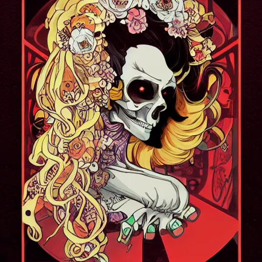 Prompt: anime manga skull portrait girl female skeleton illustration sunset outrun art Geof Darrow and Ashley wood and Ilya repin and alphonse mucha pop art nouveau