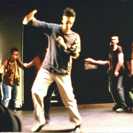 Prompt: zack de la rocha dancing in new york film still from fight club