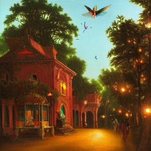 Image similar to many jewel colored hummingbirds with milky eyes hovering around plants in front of a sprawling manor in a renaissance architecture city street at night with rainforest greenery, hudson river school style, illustration, bright colors