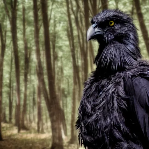 Image similar to werecreature consisting of a crow and a human, photograph captured in a dark forest