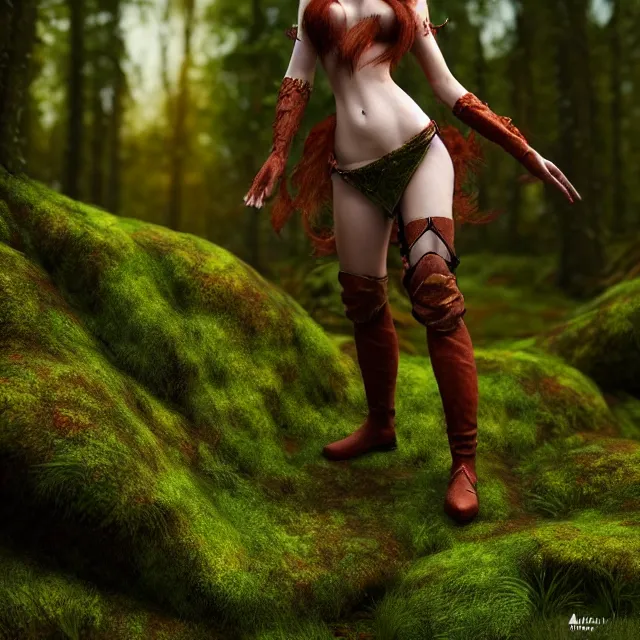 Prompt: full body shot, fantasy outfit hero pose of a beautiful short red - brown haired girl with very light skin with mossy forest in the background, highly detailed, 8 k, hdr, digital art, octane render, neo classical appeal award - winning, trending on artstation, ann stokes