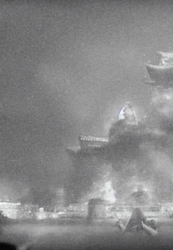 Image similar to a filmstill of a north korean monster movie, kaiju - eiga monster starfish - like trampling a traditional korean palace, foggy, film noir, video compression