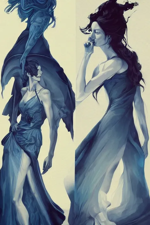 Prompt: in the style of peter mohrbacher, artgerm, beautiful caitriona balfe, outlander, full body, blue dress, elegant pose, middle shot, spooky, detailed realisitc eyes, detailed realistic eyes, detailed and intricate