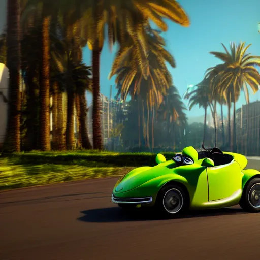 Image similar to kermit driving a mercedes, wlop, palm trees, cinematic lighting, hyperdetailed, 8 k realistic, symmetrical, global illumination, radiant light,, frostbite 3 engine, cryengine, dof, trending on artstation, digital art, chanel