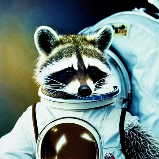 Image similar to realistic photo by annie liebovitz of a raccoon dressed as an astronaut wearing a space helmet