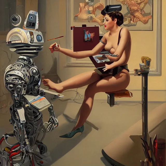 Image similar to robot artist painting a self - portrait on a canvas. intricate, highly detailed, digital matte painting in the style of gil elvgren and in the style of wayne barlowe. irony, recursion, inspiration.