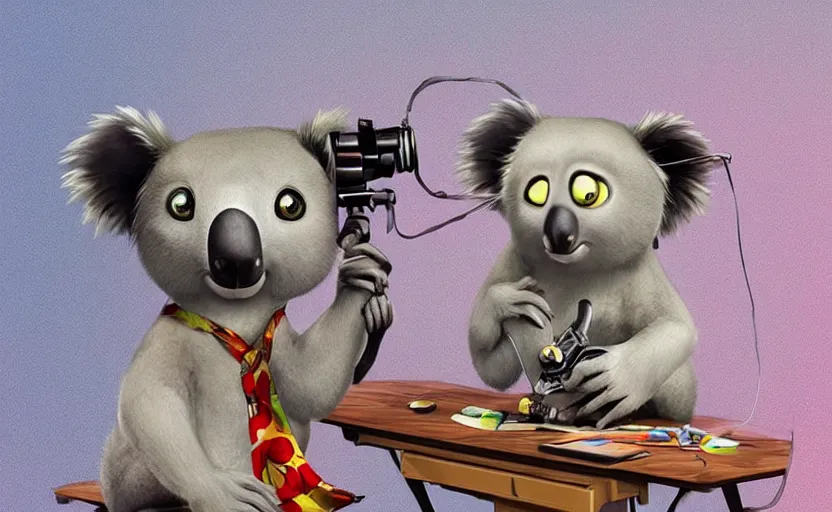 Image similar to “ cute koala with very big eyes, wearing a bandana and chain, holding a laser gun, standing on a desk, digital art, award winning, in the style of the movie madagascar ”