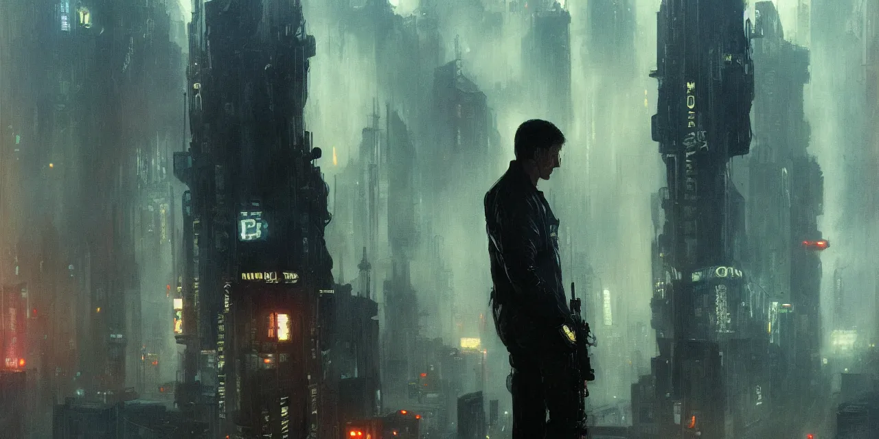 Prompt: 2 0 1 8 blade runner movie dirty harry western look at the cityscape from roof perfect face fine realistic face pretty face reflective polymer suit tight neon puffy jacket blue futuristic sci - fi elegant by denis villeneuve tom anders zorn hans dragan bibin thoma greg rutkowski ismail inceoglu illustrated sand storm alphonse mucha