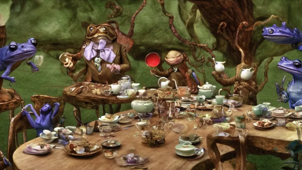 Prompt: A movie screenshot of frogs and toads (by Brian Froud) having tea with Alice in Wonderland, directed by Francis Ford Coppola, cinematic, balanced composition, whimsical.