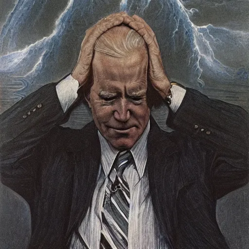 Image similar to terrifying, surreal portrait of joe biden standing up to his shoulders in turbulent, shadowy water by j. c. leyendecker, bosch, william blake, stephen gammell, jon mcnaughton, and beksinski