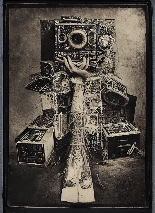 Prompt: old wetplate daguerreotype, portrait of faithless, god is a dj, explosion of data fragments, fractal, intricate, elegant, highly detailed, parallax, leica, medium format, subsurface scattering, by jheronimus bosch and greg rutkowski and louis jacques mande daguerre