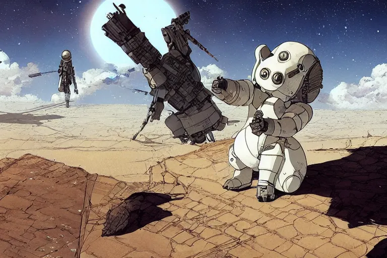 Image similar to rodent with white and black ancestral ornate japanese tactical gear on an abandonment desert planet, long shot, rule of thirds, golden ratio, graphic novel by fiona staples and dustin nguyen, by beaststars and orange, peter elson, alan bean, studio ghibli, makoto shinkai