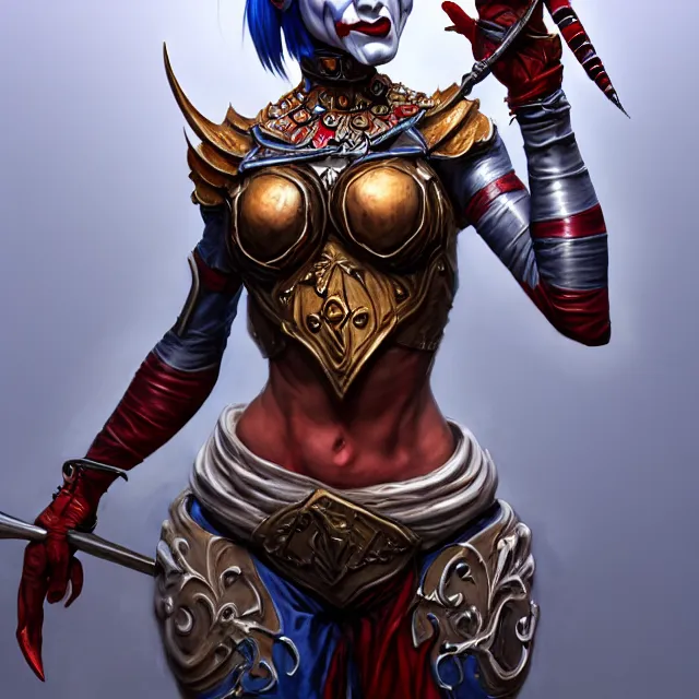 Prompt: beautiful jester warrior, highly detailed, 8 k, hdr, award - winning, trending on artstation, clayton crain