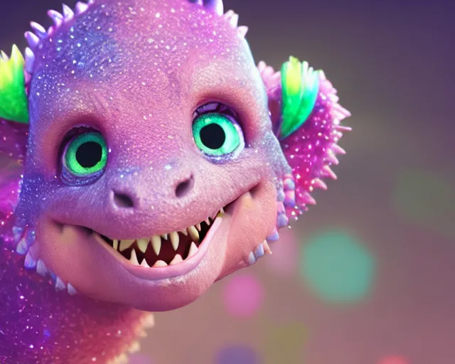 Prompt: a cute baby dinosaur, big eyes, soft fur and scales texture, pastel colours, colorful, glitter crystals, cute, pixar animation style, detailed, soft light, octane render, 4 k