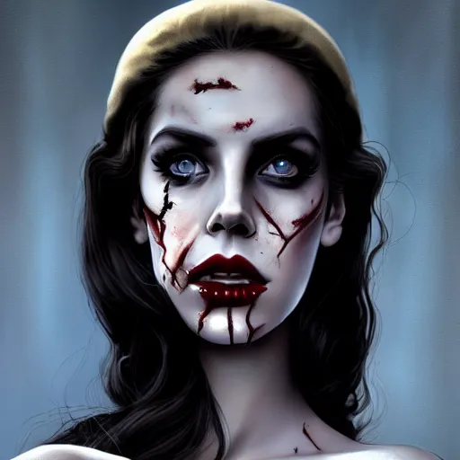 Image similar to slim and beautiful lana del rey as a zombie, 7 days to die zombie, gritty background, fine art, award winning, intricate, elegant, sharp focus, cinematic lighting, digital painting, 8 k concept art, art by michael hussar, art by brom, art by guweiz and z. w. gu, 8 k