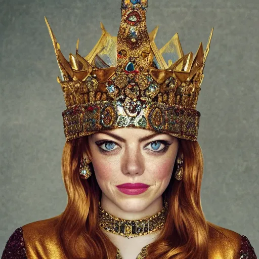 Image similar to A full body shot of Emma Stone wearing a golden Arabian crown , royality, high quality, fully detailed, 4k