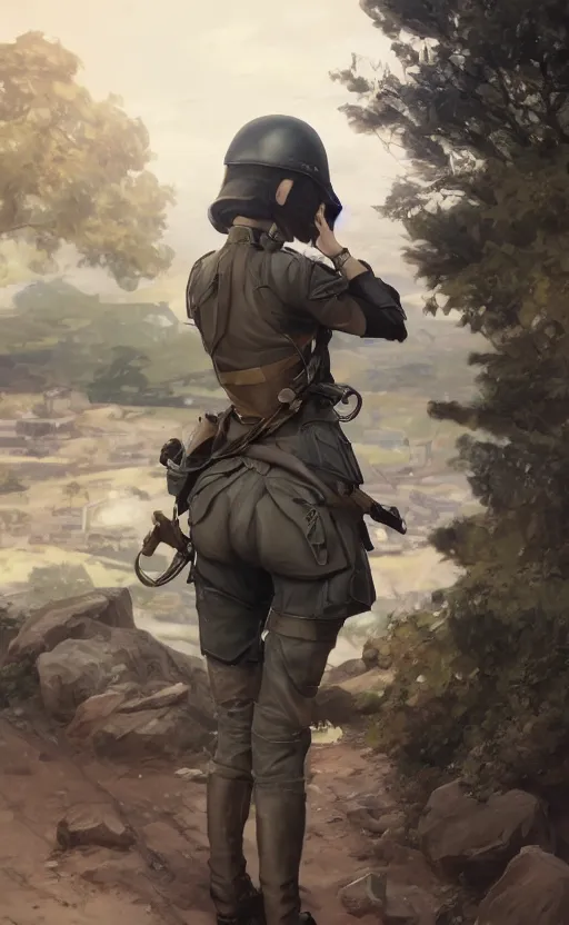 Image similar to panoramic view, a girl riding a motorbike, soldier clothing, battlefield in background, anime style, hair down, symmetrical facial features, realistic hands, from arknights, hyper realistic, 4 k, extreme detail, scifi, trending artstation, safebooru, realistic lighting, by alphonse mucha, greg rutkowski, sharp focus