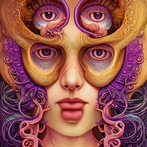 Prompt: purple - eyed girl with tentacles on her head, illustration, face enhanced, detailed and intricate by alex grey, lisa frank, ayami, kojima, amano, karol bak, greg hildebrandt, mark brooks, beksinski, takato yamamoto