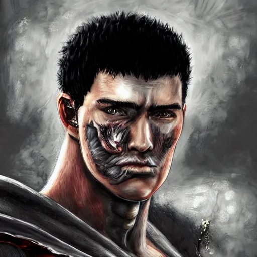 Prompt: digital painting portrait of guts from berserk extremely detailed, made by wlop and maxwell boas