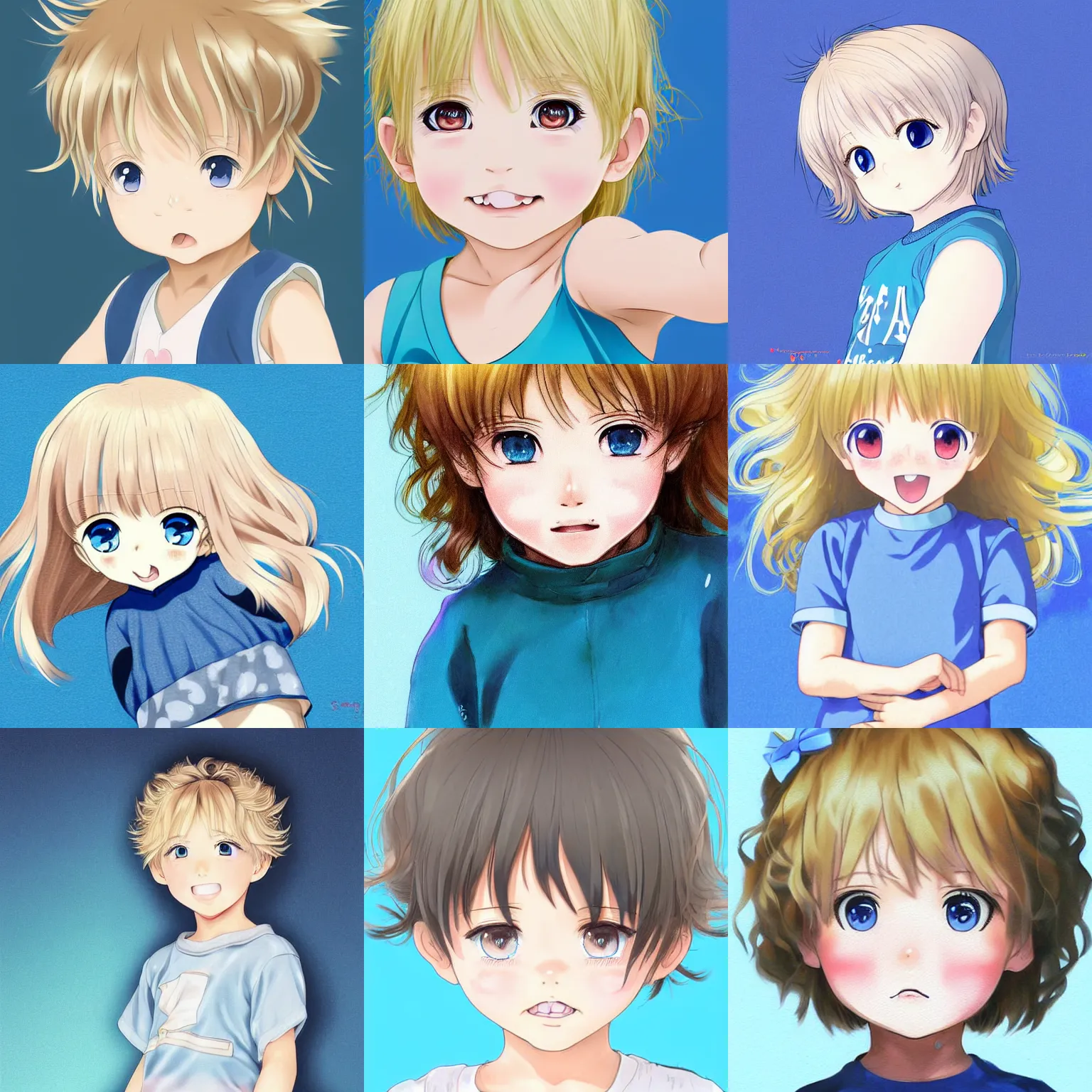 Prompt: A medium shot anime portrait of a little smiling anime girl child with thin curly light ash blonde short hair and light blue eyes, blue-eyed, chubby face, very young, toddler, some large curls, medium shot portrait, her whole head fits in the frame, solid color background, flat anime style shading, head shot, 2d digital drawing by Stanley Artgerm Lau, WLOP, Rossdraws, James Jean, Andrei Riabovitchev, Marc Simonetti, and Sakimi chan, trending on artstation