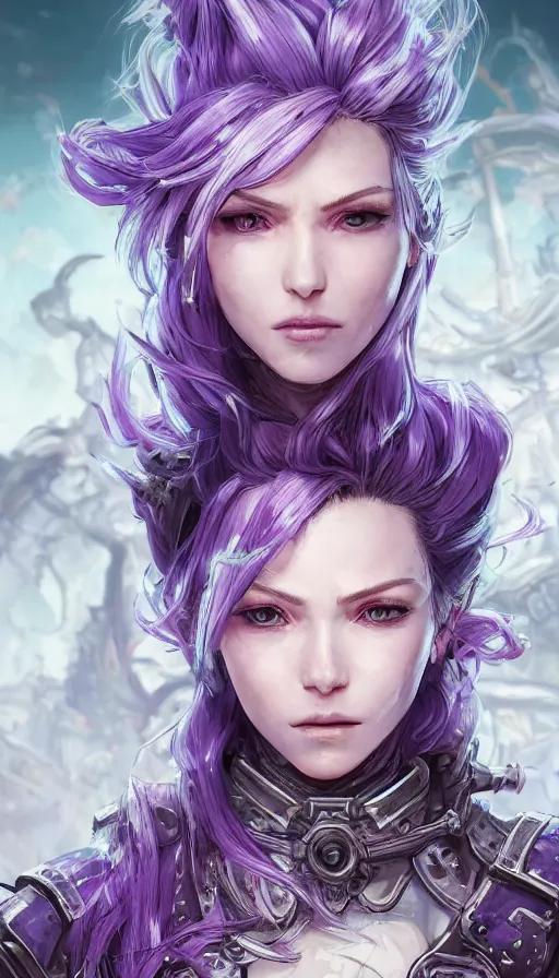 Image similar to close facial portrait of a pale woman in power armor with flowing purple hair, elegant, stoic, intense, ultrafine hyperdetailed illustration by kim jung gi, irakli nadar, intricate linework, sharp focus, bright colors, octopath traveler, final fantasy, hearthstone, highly rendered, global illumination, radiant light, detailed, intricate environment