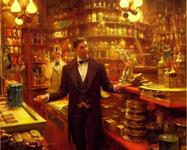 Prompt: attractive magician man, in magic shop. highly detailed painting by gaston bussiere, craig mullins, j. c. leyendecker