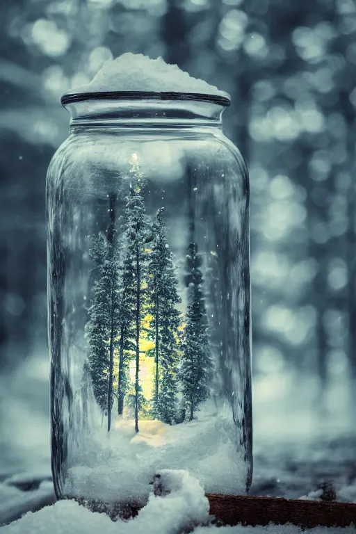 Prompt: close up of a glass jar with a bright summer forest inside, burried in snow at night, bokeh, intricate detail, highly detailed, hyperrealistic, dramatic lighting, cgsociety, sense of awe, mystical, 8 k, beautiful digital art