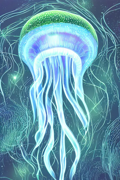 Image similar to glowing jellyfish, highly detailed, digital art, sharp focus, trending on art station