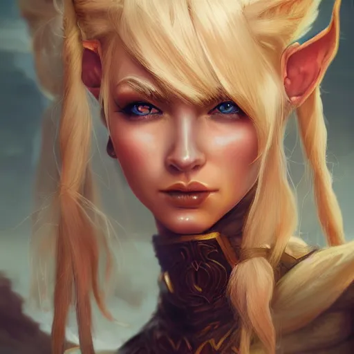 Image similar to high fantasy, portrait of blond elf woman, detailed face, detailed body, chef clothing, kitchen knife, ultradetailed digital illustration, epic atmosphere, artstation